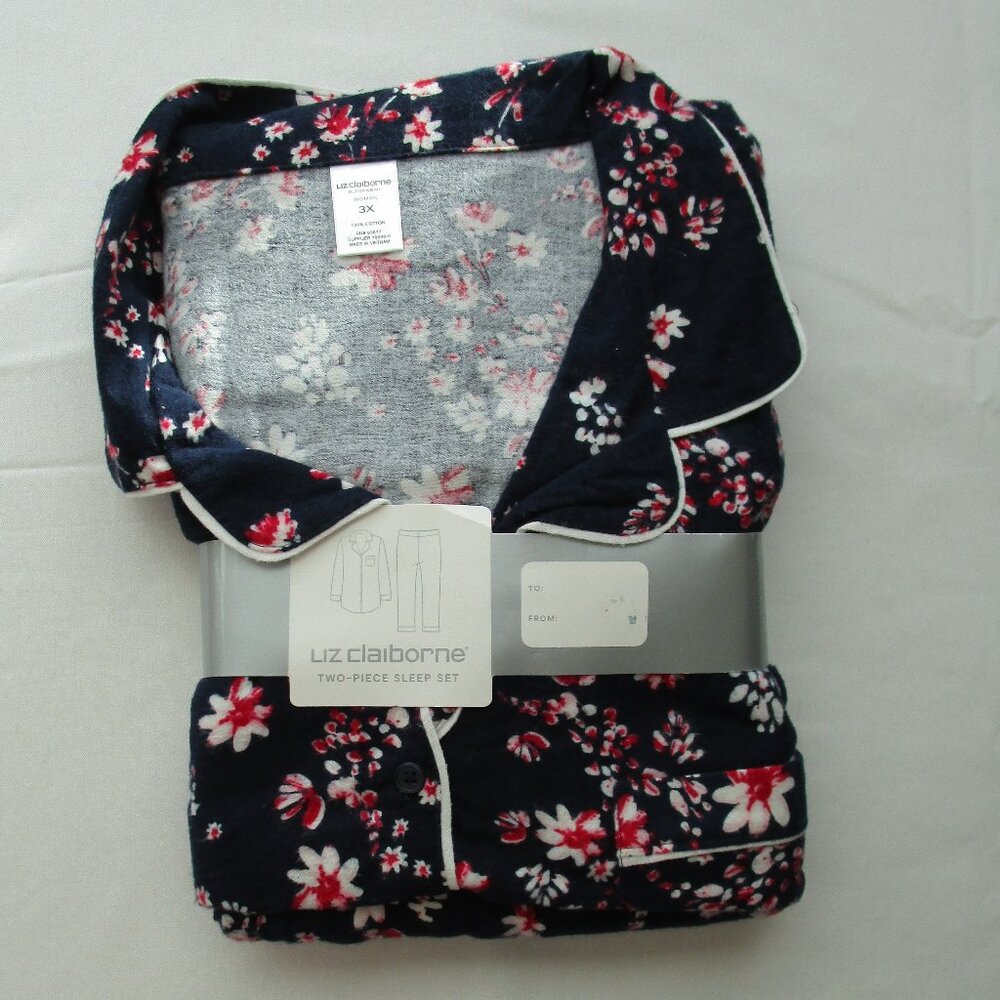 NEW Liz Claiborne 100% Cotton Flannel Pajamas 3X - navy/red flower print